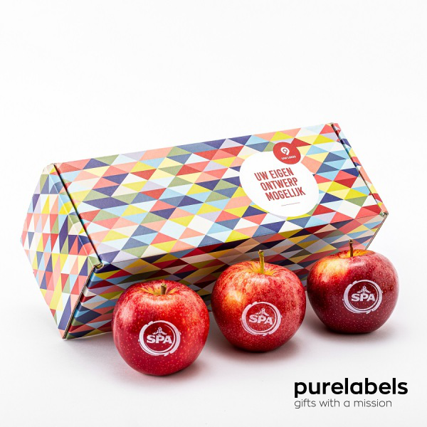 Geschenkverpakking incl. 3 appels met witte bedrukking