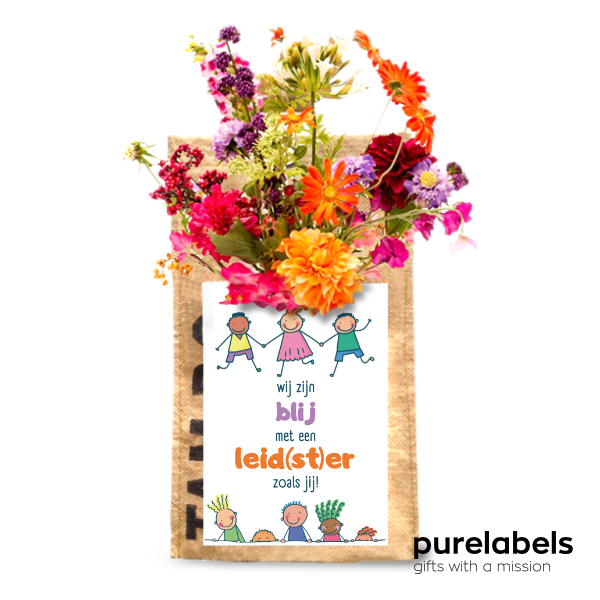 Dag van de leidster | hangtuintje vlinderbloemen met wenskaart kindjes