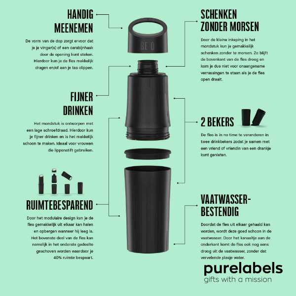 BE O Bottle | Herbruikbare waterfles | Waterfles bedrukken | Zwart